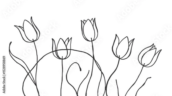 Fototapeta Abstract linear composition with flowing, undulating stems and simplified floral forms (tulips, abstract flowers).