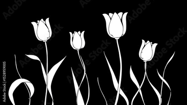 Fototapeta Abstract linear composition with flowing, undulating stems and simplified floral forms (tulips, abstract flowers).