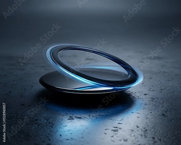 Obraz plasma cyan wireless charging ring with floating arcs deep shadow detail minimal futuristic tabletop design