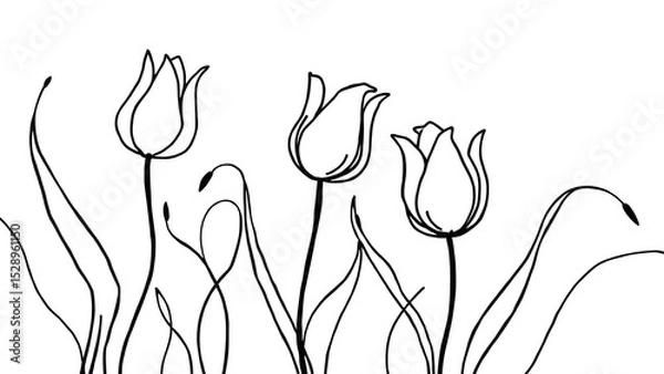 Fototapeta Abstract linear composition with flowing, undulating stems and simplified floral forms (tulips, abstract flowers).
