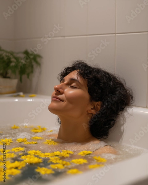 Fototapeta Relaxation and tranquility of a person enjoying a floral bath at home surrounded by yellow flowers