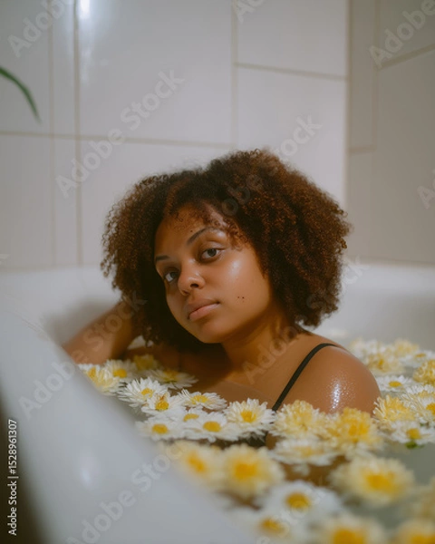 Fototapeta Young woman relaxing in bathtub filled with flowers in serene indoor setting during evening