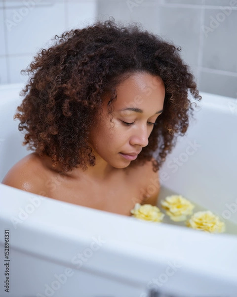 Fototapeta Relaxing bath experience with flowers in a calm home setting during the evening