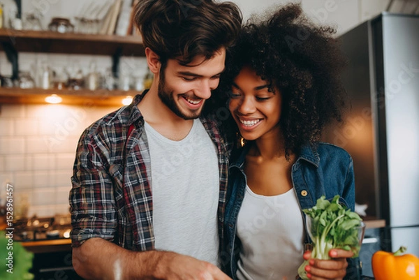 Fototapeta Couple enjoys cooking together in modern kitchen while preparing fresh vegetables in relaxed atmosphere