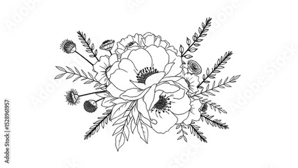 Fototapeta Single pattern modern bouquet with peonies, eucalyptus and wild herbs.