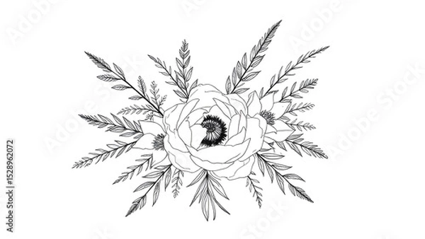 Fototapeta Single pattern modern bouquet with peonies, eucalyptus and wild herbs.