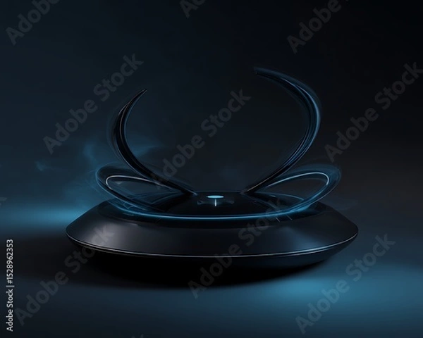 Fototapeta plasma cyan wireless charging ring with floating arcs deep shadow detail minimal futuristic tabletop design