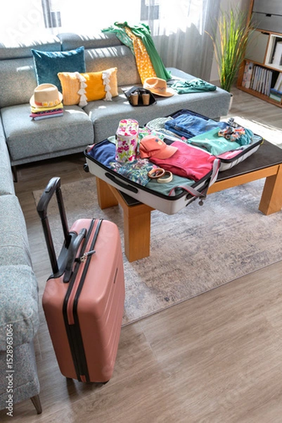 Fototapeta Open suitcase with summer clothes and accessories placed on coffee table and sofa in living room, symbolizing upcoming vacation and travel preparations. Copy space available at the image bottom.