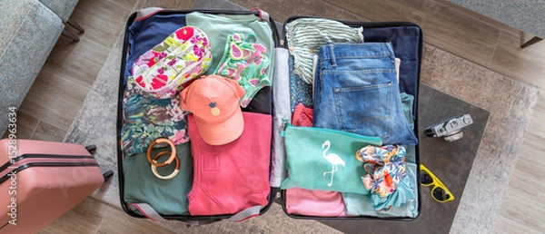 Fototapeta Top view of open suitcase placed on coffee table with colorful summer clothes and accessories, getting ready for vacation, next to vintage photographic camera and yellow sunglasses