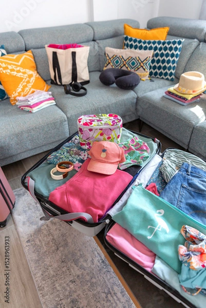 Fototapeta Close up of open suitcase with summer clothes and accessories placed on coffee table and sofa in living room, symbolizing upcoming vacation and travel preparations
