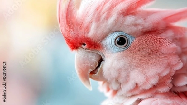 Fototapeta A stunning close-up portrait of an elegant pink cockatoo displaying vibrant feathers, showcasing nature's artistry, beauty, and the unique charm of exotic birds.