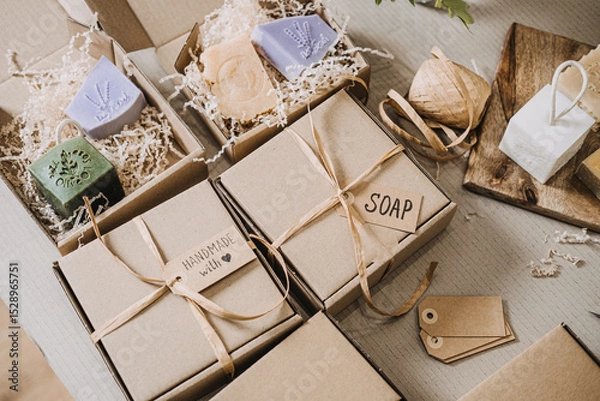 Obraz Kraft gift boxes labeled soap and handmade with love filled with artisanal bars and shredded filler. Handmade gifts, personalized packaging, conscious consumerism, slow gifting