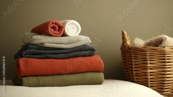 Fototapeta Neatly folded colorful towels stacked beside wicker basket on neutral background