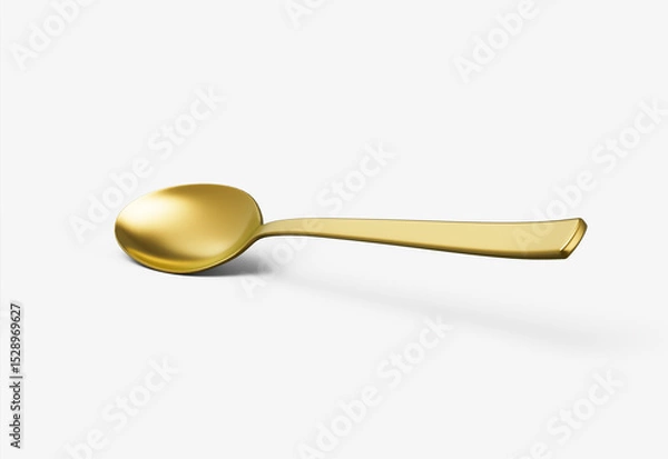 Fototapeta A shiny golden spoon with a reflective surface, slender handle and oval bowl. 3D Illustration.