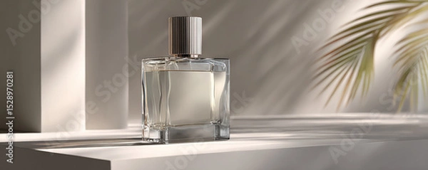 Fototapeta Sleek modern perfume bottle placed clean white surface, illuminated by soft natural light, evokes sense of elegance and tranquility. gentle shadows and subtle reflections enhance its sophisticated