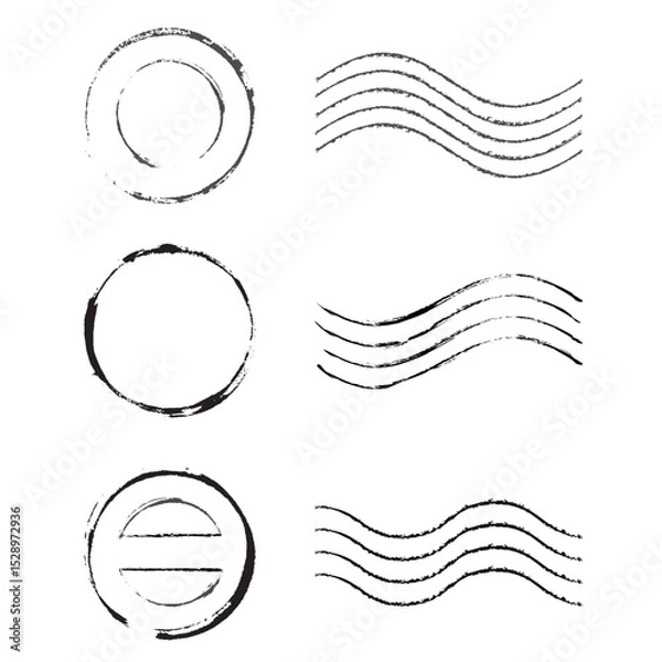 Fototapeta Postage stamp. Set of round and wavy stamps. Blank grunge postage postmark. Empty mail delivery template.