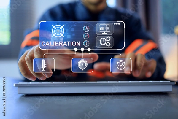 Fototapeta The engineer calibrating the engineering tool such as stopwatch thermometer and mechanical device via a virtual screen to ensure availability and minimal deviation according to ISO IEC 17025 standards