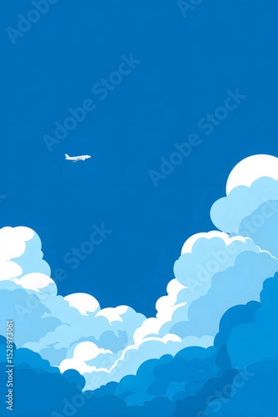 Fototapeta 青空に飛行機が浮かぶイラスト。旅行や自由のイメージに最適