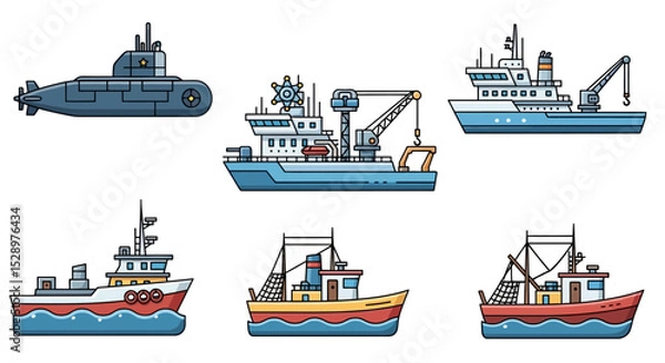 Fototapeta Collection of Various Marine Vessels and Ships Icons Set