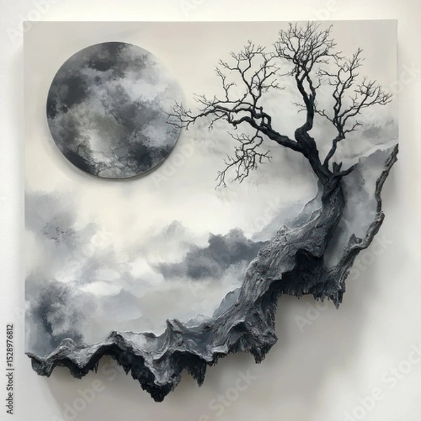 Obraz A black and white abstract painting of a tree and a moon against a cloudy sky.