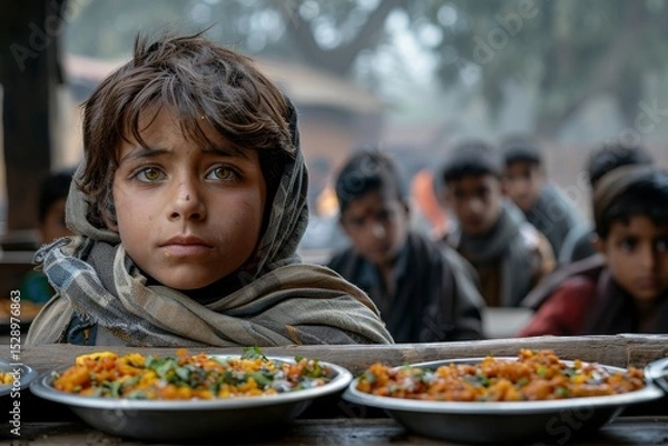 Fototapeta A poignant image of a boy gazing at plates of food during a distribution event, reflecting the struggles of poverty, hope for a better future, and the resilience of childhood despite hardships.