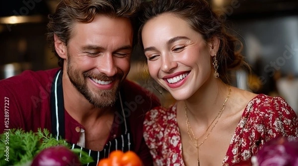 Fototapeta Loving couple in kitchen: A lovely couple beams with happiness and joy while preparing fresh vegetables in the inviting kitchen. Warm, loving ambiance shows in this photo. 