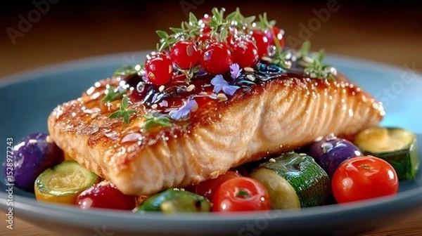 Fototapeta Gourmet Salmon: This stunning, close-up shot spotlights a beautifully prepared salmon fillet, perfectly cooked and elegantly plated alongside colorful vegetables.