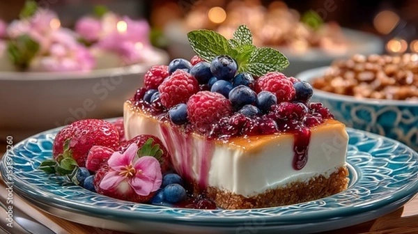 Fototapeta Cheesecake Paradise: A close-up of a delectable cheesecake adorned with a vibrant medley of fresh berries, exuding an aura of indulgence, artfully presented on a decorative plate.