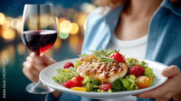Fototapeta Wine and Gourmet Delight: An elegant, photorealistic composition showcasing a woman poised with a glass of rich red wine alongside a plate of gourmet food.