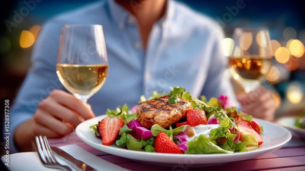 Fototapeta Fine Dining Delight: A close-up shot of a plate filled with a healthy salad and a glass of white wine, setting the scene for a gourmet dining experience. 