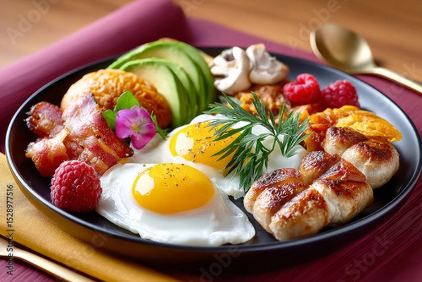 Fototapeta Morning Feast: A vibrant and appetizing breakfast plate presents a visually stunning arrangement of breakfast favorites, capturing the essence of a perfect morning meal.