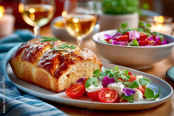 Fototapeta Gourmet Feast: Close-up shot of a delectable gourmet feast, featuring crusty artisan bread, fresh salad with cheese, and glasses of chilled white wine, creating a delightful culinary experience.