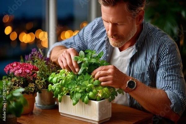 Fototapeta Man Nurturing Green Life: A focused man meticulously tends to a vibrant indoor garden, carefully pruning and nurturing herbs and flowers with dedicated care.