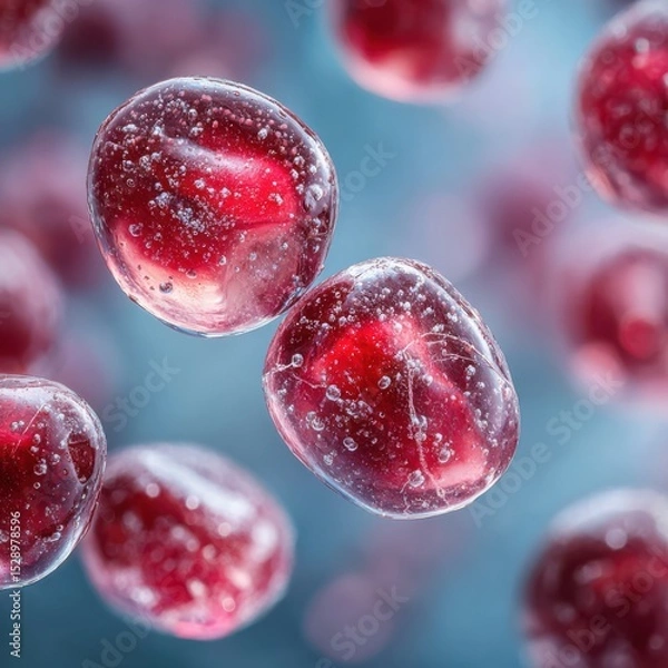 Fototapeta Frozen pomegranate seeds glimmering in bright tones, showcasing their intricate textures and vibrant color – commercial concept image