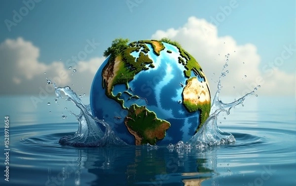 Fototapeta A symbolic representation of Earth emerging from water with splashes, highlighting environmental themes and global nature. High quality