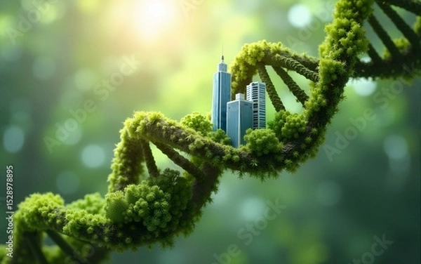 Fototapeta A vibrant, verdant DNA double helix houses a miniature cityscape, symbolizing the intricate connection between nature and urban development.  The image evokes themes of sustainability and bio-engineer