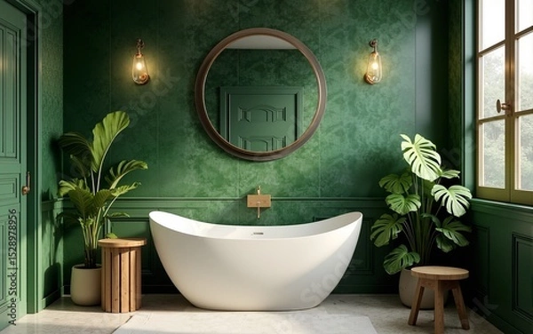 Fototapeta Transform your bathroom into a jungle-inspired oasis a green sanctuary for relaxation and renewal. High quality