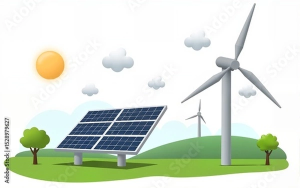 Fototapeta Renewable energy setup with solar panels and a wind turbine ideal for sustainability and eco-friendly themes isolated on transparent background, png. High quality
