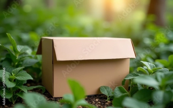 Fototapeta Cardboard box surrounded by lush greenery in a soft focus setting conveying eco-friendly delivery and packaging themes. High quality