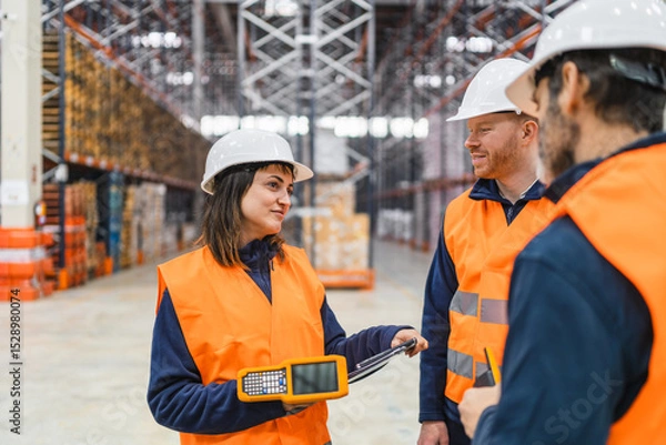 Fototapeta Warehouse workers wearing safety vests and helmets are discussing logistics and using handheld devices in a large warehouse