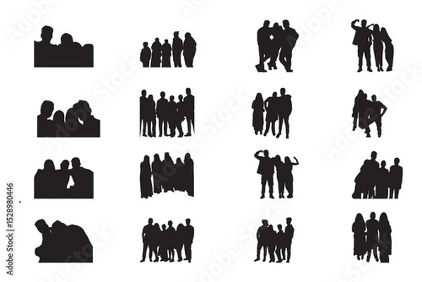 Fototapeta 16 set of Group photos black silhouettes on white background. Each silhouette showcases different postures, angles, and types.