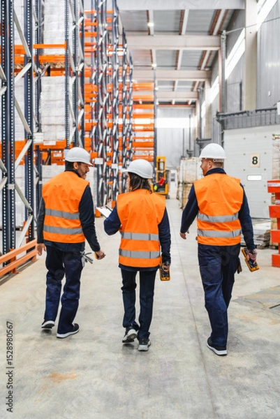 Fototapeta Warehouse workers wearing safety vests and helmets are walking through large distribution center, using barcode scanner and discussing logistics operations