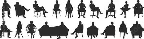 Fototapeta Diverse Collection of People Silhouettes Sitting in Chairs and Sofas: Various Poses Representing Relaxation, Conversation, and Waiting, Ideal Vector Illustrations for Public Spaces