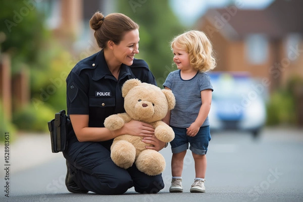 Fototapeta Policewoman kneels to kindly interact with child holding teddy bear. Daytime neighborhood street setting with police car in background. Concept of community support, child safety, law enforcement