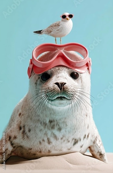 Obraz Funny Seal and Seagull on the Beach with Goggles and Sunglasses