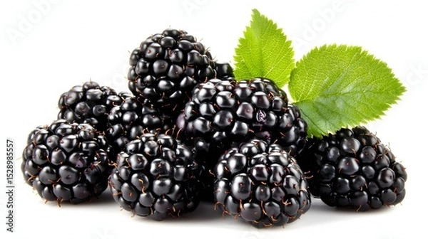 Fototapeta A Bunch of Fresh Blackberries with Green Leaves on a White Background