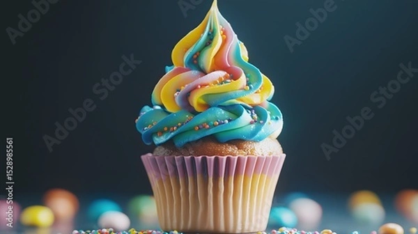 Fototapeta Colorful Frosted Cupcake with Swirling Blue, Pink, and Yellow Icing Surrounded by Sprinkles