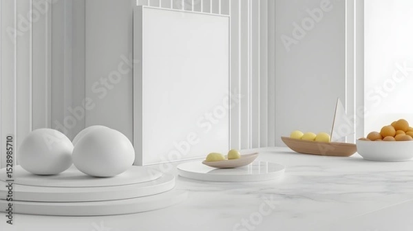 Fototapeta Minimalist Interior Scene with White Objects and Fresh Fruits on a Table in Modern Home