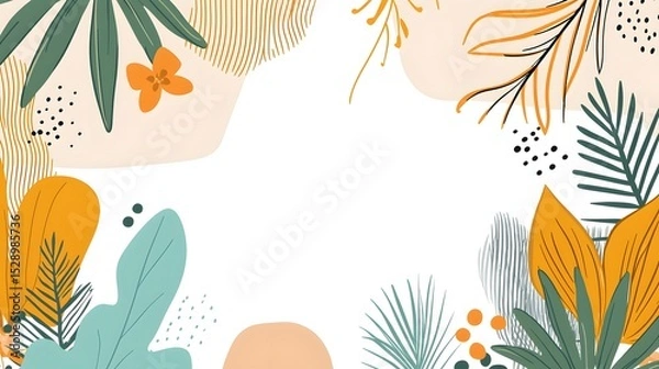 Fototapeta Colorful Tropical Botanical Background with Leaves and Flowers in an Artistic Composition