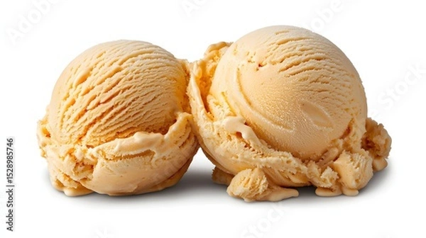 Fototapeta Two Scoops of Creamy Yellow Ice Cream Served on a White Background with Textured Swirls